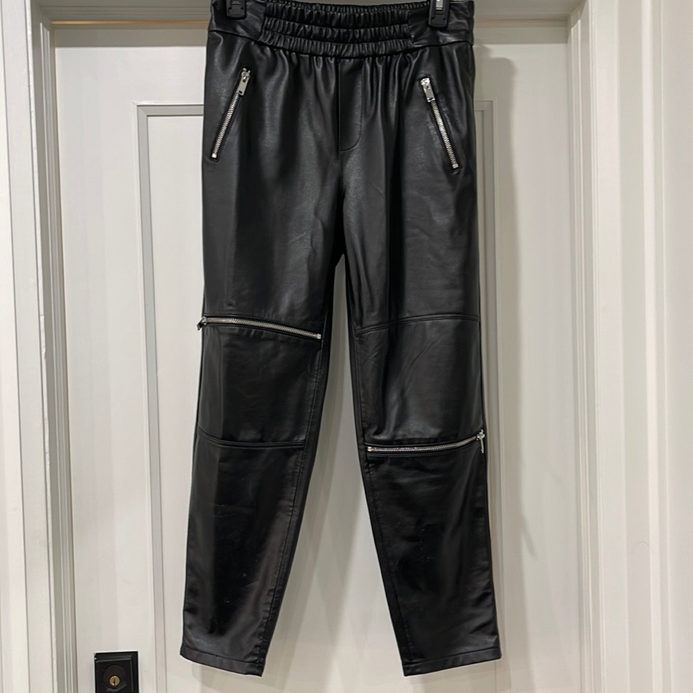 Elastic Waist Pleather Pants.  Zipper accents